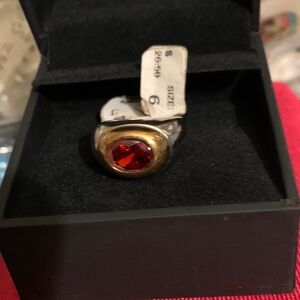 Elegant Gold Tone and Silver Ring with Red Gemstone CZ size 6